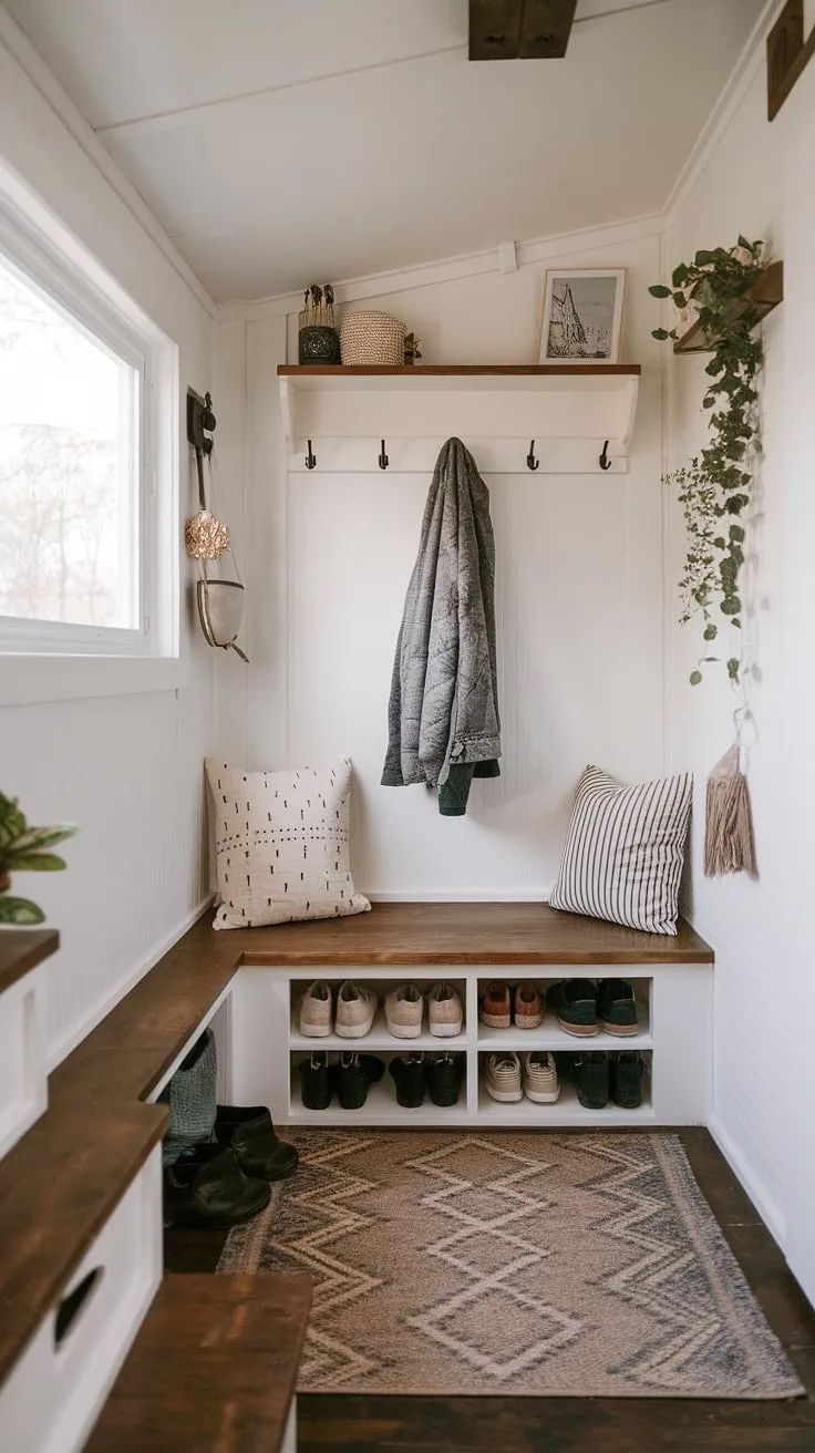Maximize your tiny home's square footage with this ingenious split entry shoe storage solution.  The foyer storage bench provides ample entrance shoe storage and coat shoe storage, while the decorative shelf adds a touch of personality to this small hallway.  This open concept entry and clever use of entryway decor proves that even the smallest spaces can be both functional and beautiful.