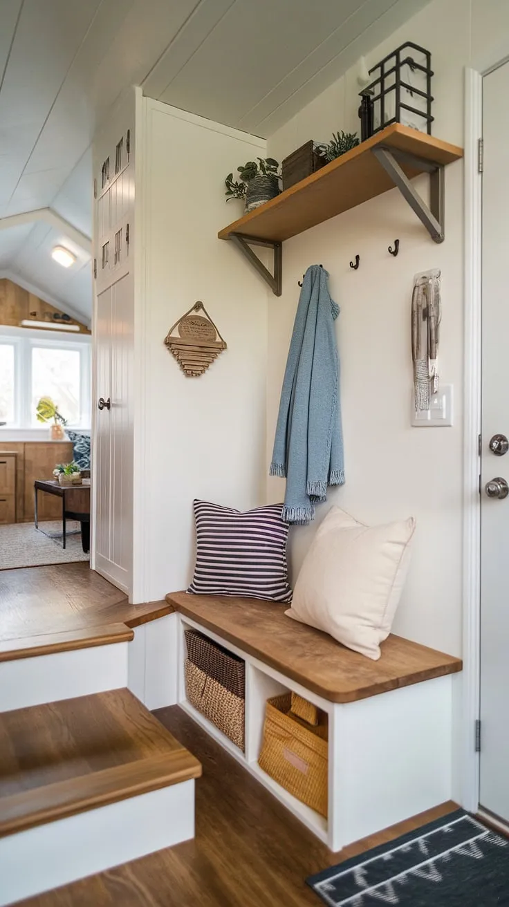 This small hallway is anything but small on style!  The split entry shoe storage solution, featuring a built-in bench with storage beneath and a coat rack above, provides ample entrance shoe storage and coat shoe storage.  Entryway decor adds personality to this tiny home entryway, proving that efficient foyer storage doesn't have to compromise on charm.