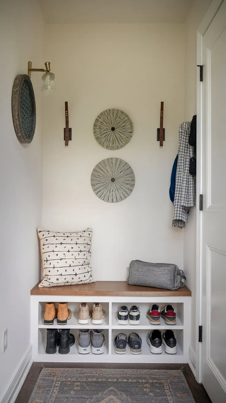 Maximize space and style in this tiny home entryway with a clever split entry shoe storage solution.  The foyer entryway storage, including a cozy foyer storage bench, keeps this small hallway organized and welcoming, showcasing thoughtful entryway decor.