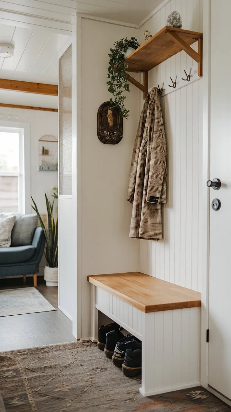 Maximize space and style in your tiny home with this ingenious split entry shoe storage solution.  The foyer storage bench in this small hallway provides ample coat shoe storage and entrance shoe storage, while the entryway decor adds a touch of warmth.  The open concept entry effortlessly flows into the living area, proving that even the tiniest homes can be beautifully designed.