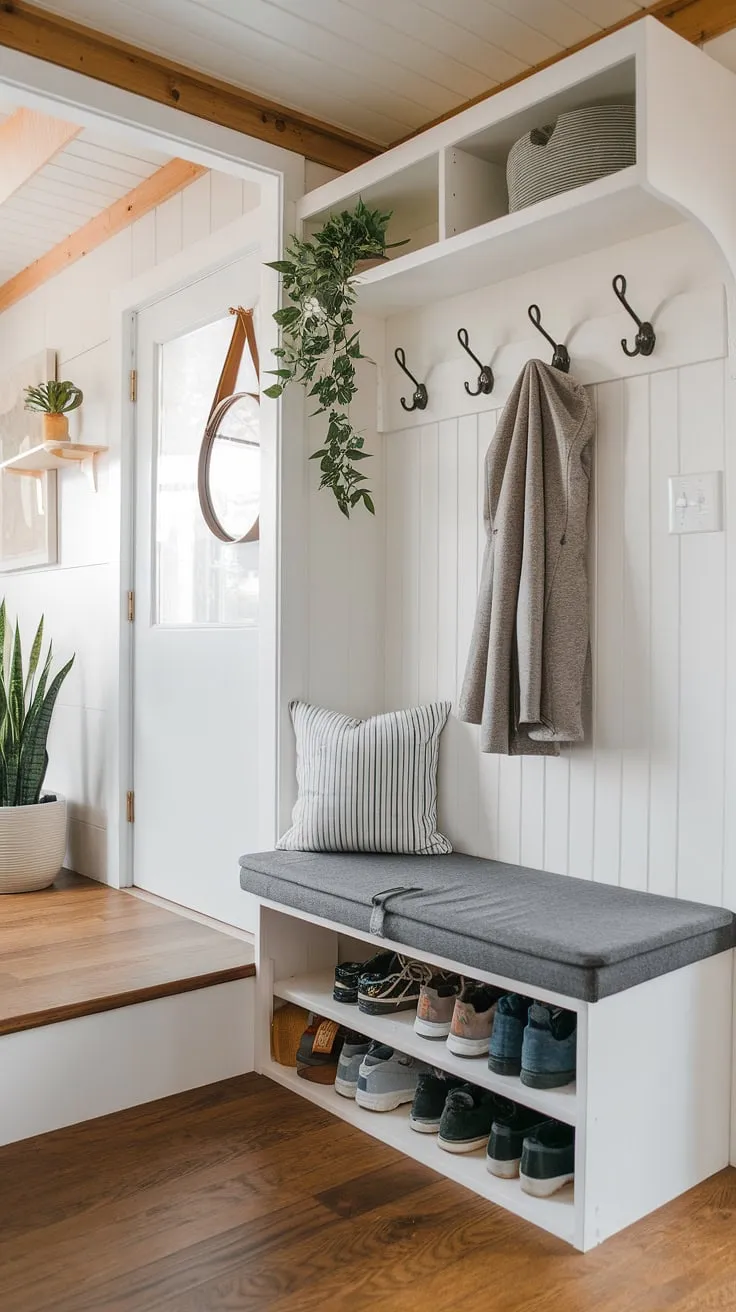 Step into this charming tiny home entryway, where a split-level design maximizes space.  The small hallway leads to a functional foyer entryway storage solution: a foyer storage bench with coat shoe storage above and entrance shoe storage below.  Clever entryway decor and an open concept entry create a welcoming atmosphere despite the compact footprint.  This split entry shoe storage system is the perfect blend of style and practicality.