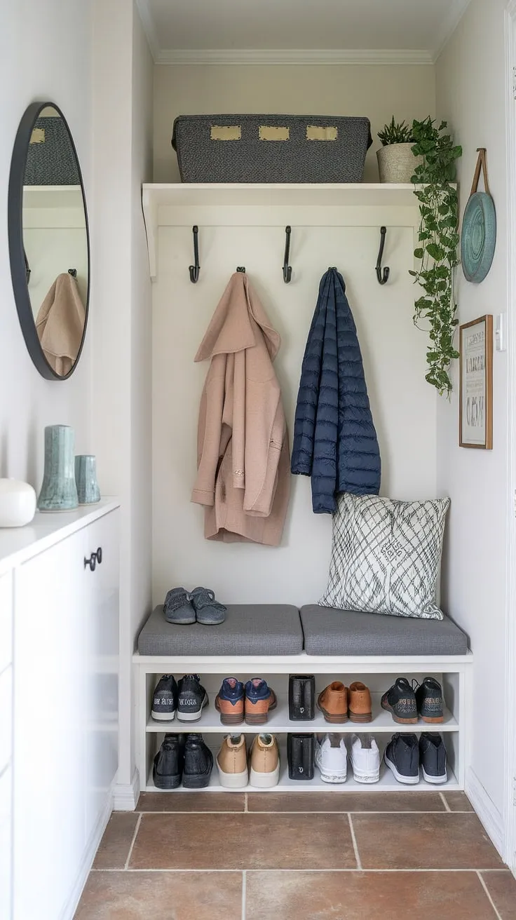 This small hallway transforms into a functional and stylish entrance with thoughtful design.  The split entry shoe storage and cushioned foyer storage bench provide efficient entrance shoe storage and coat shoe storage.  A few key pieces of entryway decor complete the look in this charming open concept entry, perfect for a tiny home.
