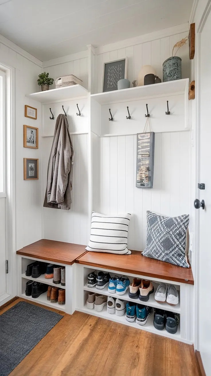 Maximize space and style in this tiny home entryway.  This split entry shoe storage solution features a coat shoe storage area and a convenient entrance shoe storage with a foyer storage bench.  The small hallway feels spacious thanks to thoughtful entryway decor and the open concept design.