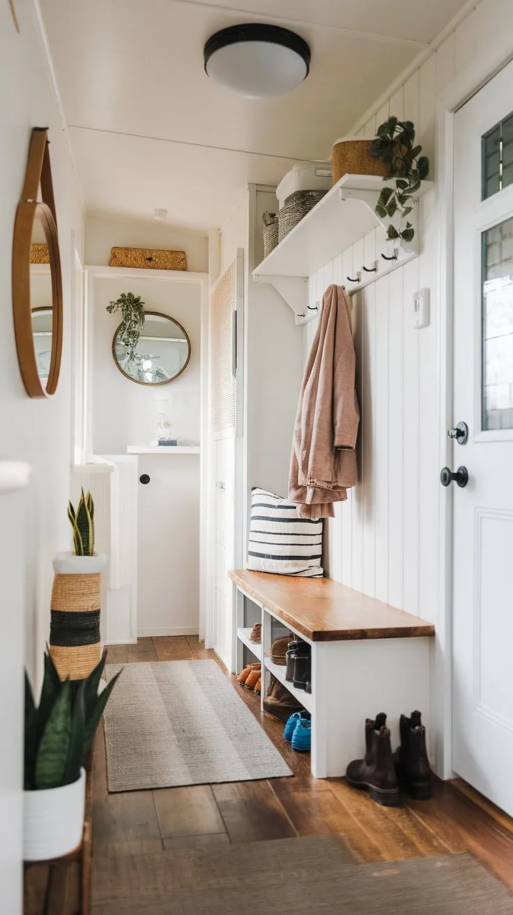 Step into this charming tiny home entryway, where clever foyer entryway storage maximizes space.  The open concept entry flows seamlessly into a small hallway, featuring a foyer storage bench with coat shoe storage above and split entry shoe storage below, keeping everything organized and stylish.  Entryway decor adds personality to this efficient entrance shoe storage solution.