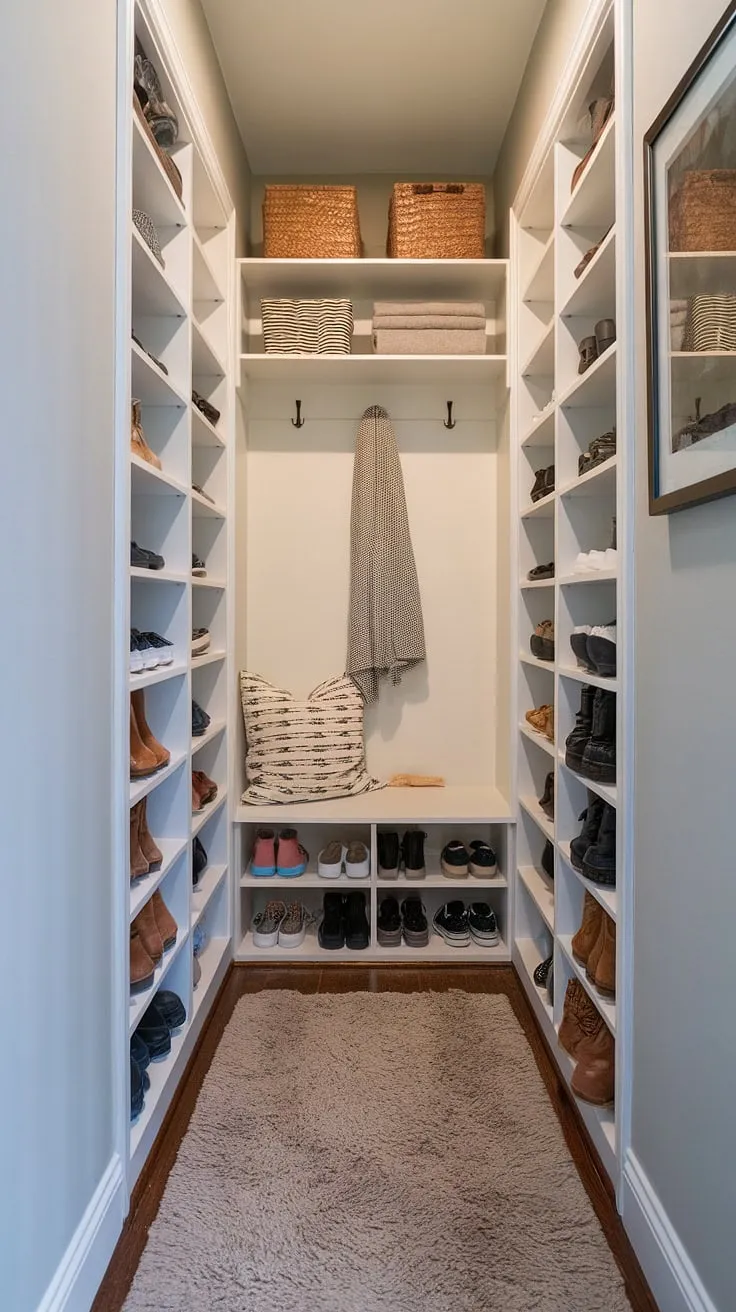 Maximize space and style in this tiny home entryway with clever foyer entryway storage.  A split entry shoe storage system and foyer storage bench, complete with overhead shelving, transform this small hallway into an organized and welcoming entrance shoe storage solution.  The open concept entry feels surprisingly spacious thanks to thoughtful entryway decor.