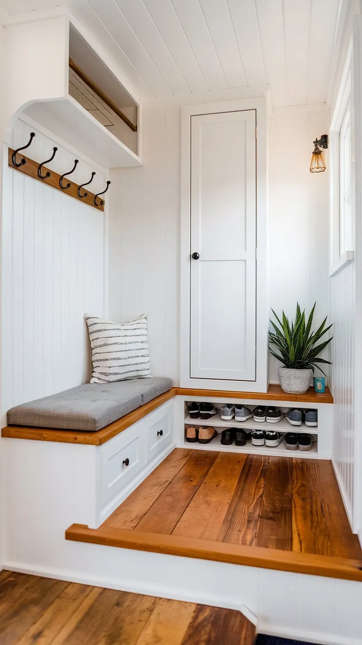 Step into efficient style with this tiny home entryway.  The split-level design maximizes space, offering foyer entryway storage solutions including a foyer storage bench, coat shoe storage, and clever entrance shoe storage tucked away.  The open concept entry and entryway decor create a welcoming feel despite the small hallway.