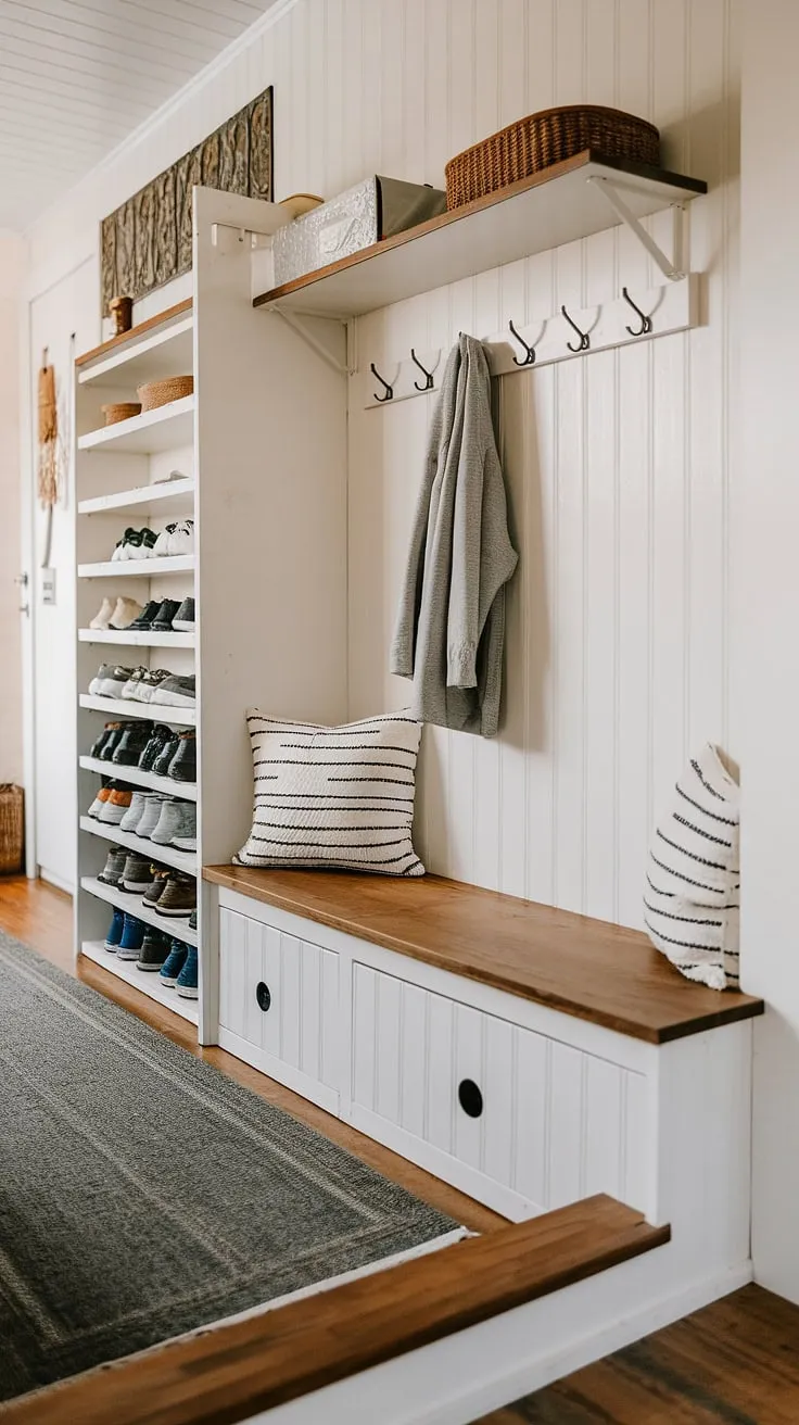 Maximize your tiny home's square footage with this ingenious split entry shoe storage system.  The foyer entryway storage solutions, including a built-in foyer storage bench and overhead coat rack, seamlessly blend function and form.  This small hallway's clever design showcases how even a limited space can boast ample coat shoe storage and charming entryway decor in an open concept entry.