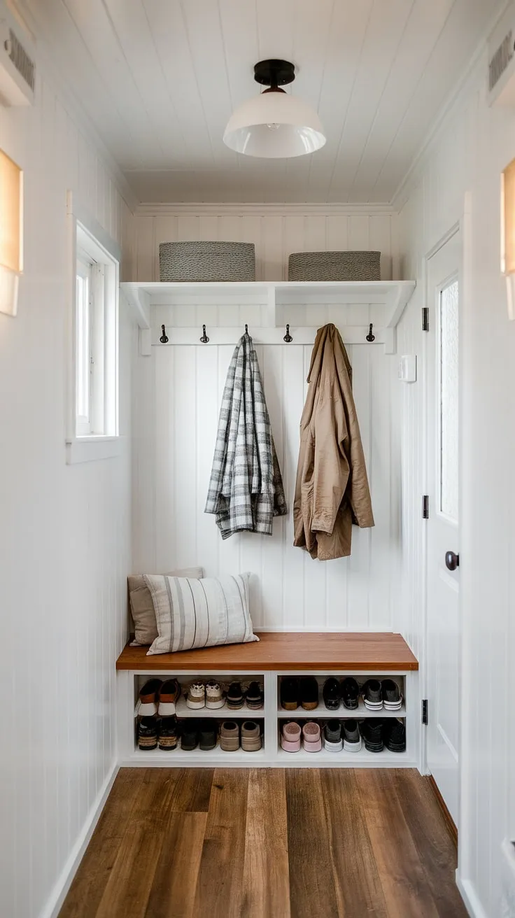 Maximize space and style in this tiny home entryway.  The split-level design cleverly incorporates foyer entryway storage, including a coat shoe storage bench and upper shelf, transforming a small hallway into a functional and charming entrance shoe storage solution.  Open concept living starts here.