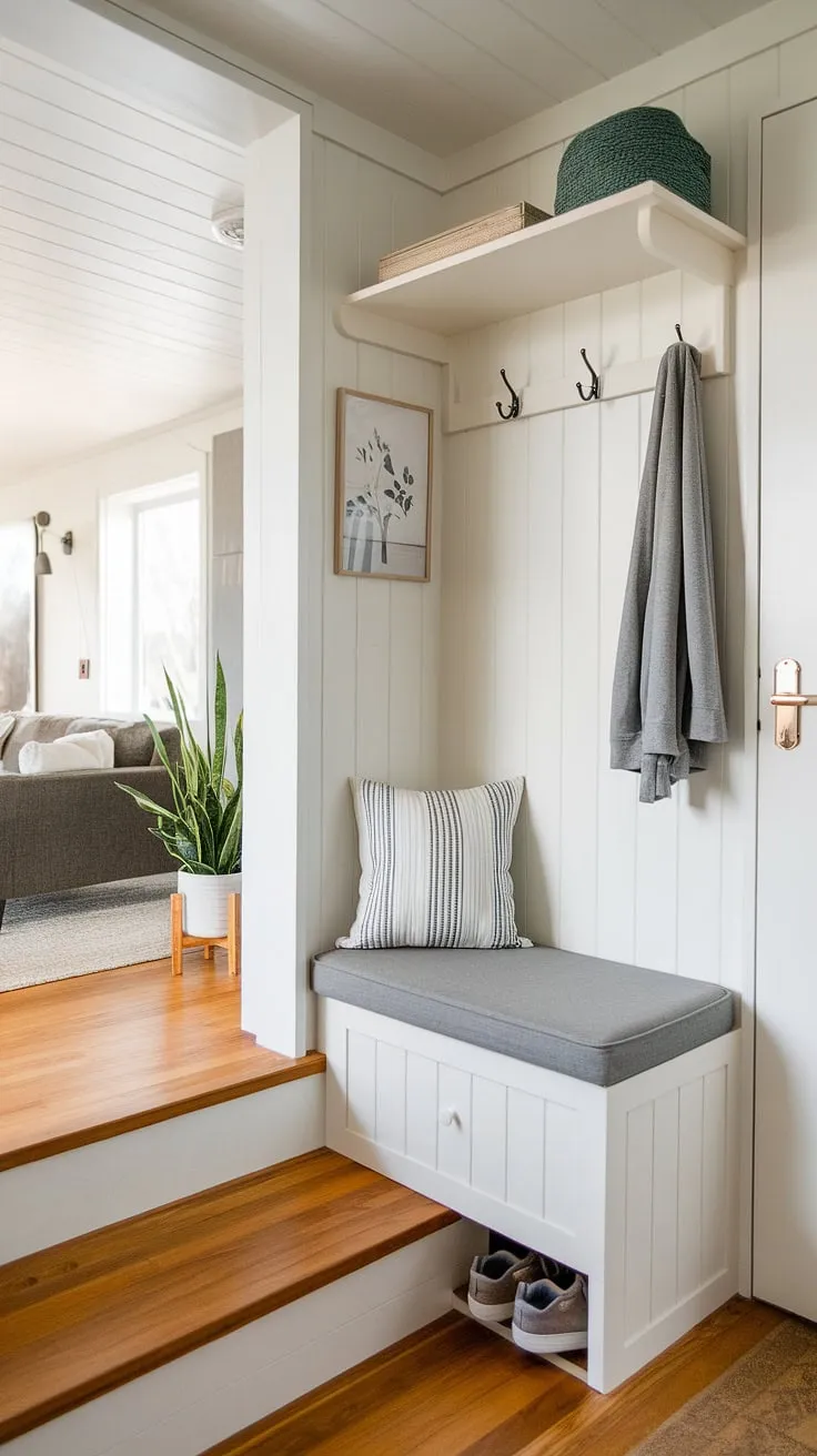 Step into cozy living with this tiny home entryway.  The split-level foyer maximizes space, offering clever foyer entryway storage solutions like a built-in foyer storage bench perfect for coat shoe storage and entrance shoe storage.  The small hallway leads to an open concept living area, seamlessly blending functionality and style with thoughtful entryway decor.