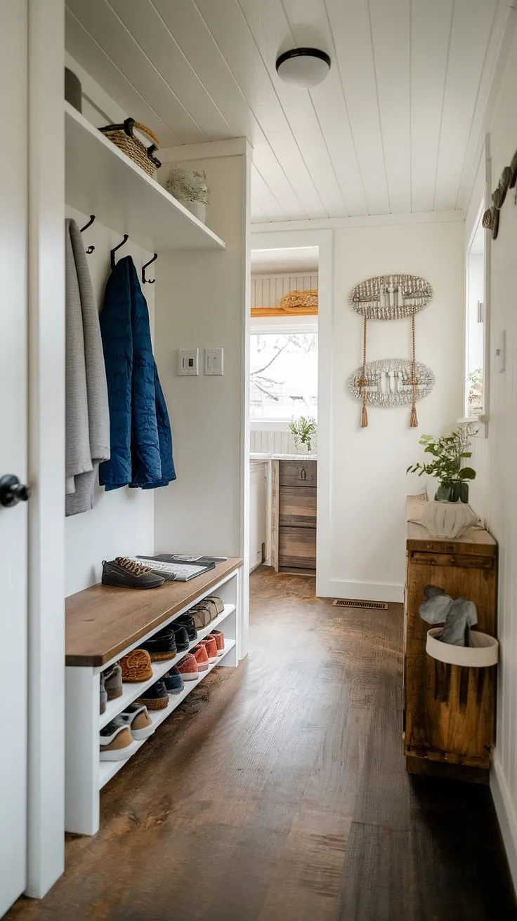 Maximize space and style in your tiny home with this ingenious foyer entryway storage.  A small hallway cleverly incorporates a foyer storage bench and entrance shoe storage, including a split entry shoe storage design.  The open concept entry and entryway decor create a welcoming and organized tiny home entryway.