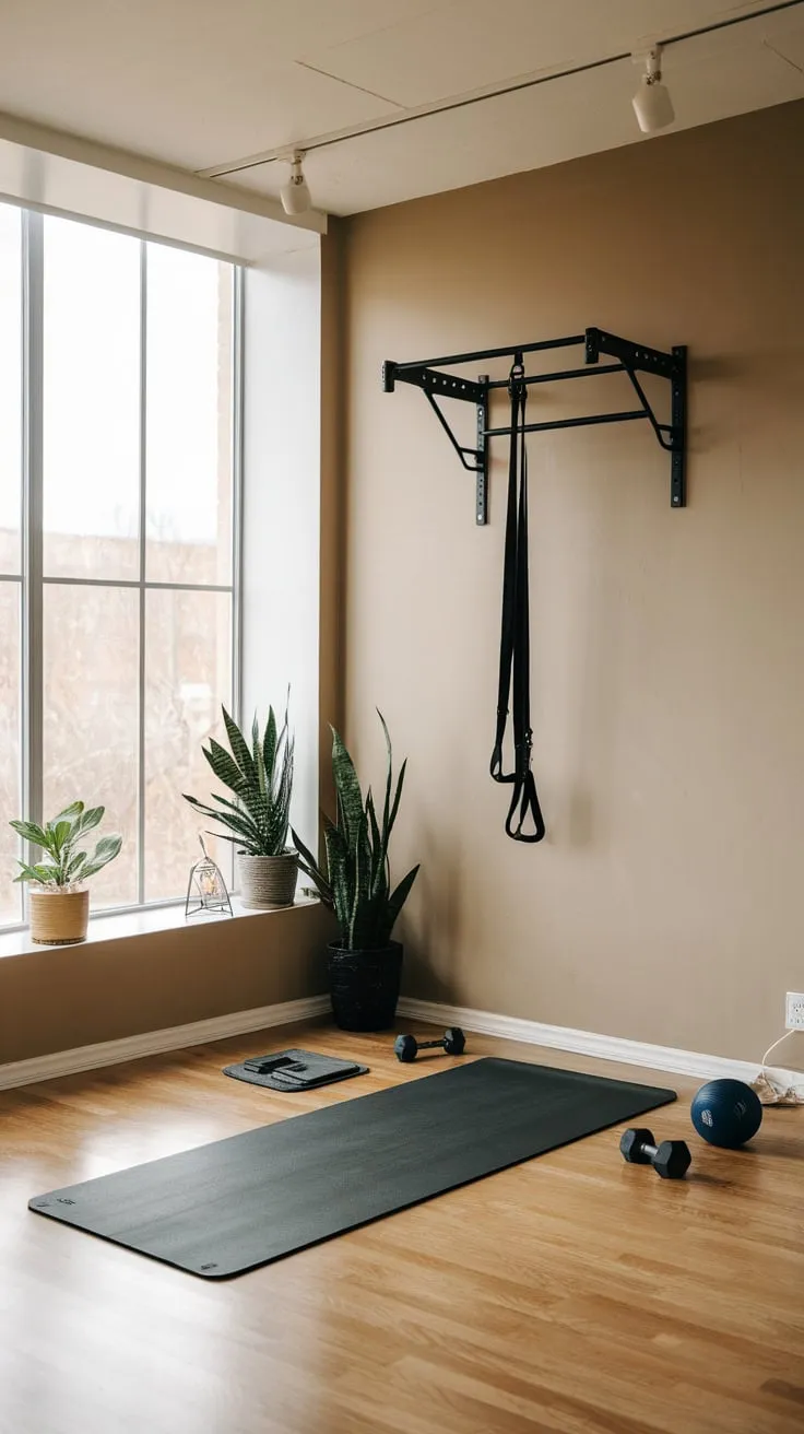 Sunlight streams into a beige-walled living room showcasing a compact yet functional home gym featuring essential equipment.
