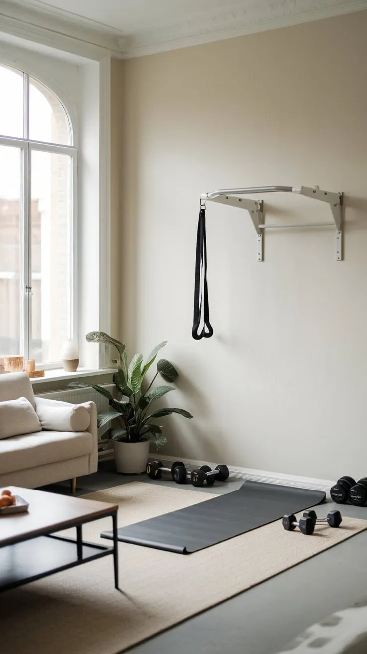 A stylish white home gym tucked into a sunlit living room proves that fitness and comfort can coexist beautifully.