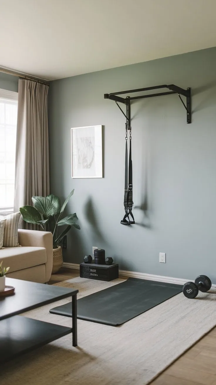 Transform your living room into a serene yet functional fitness haven with a minimalist home gym featuring a pull-up bar, yoga mat, and dumbbells