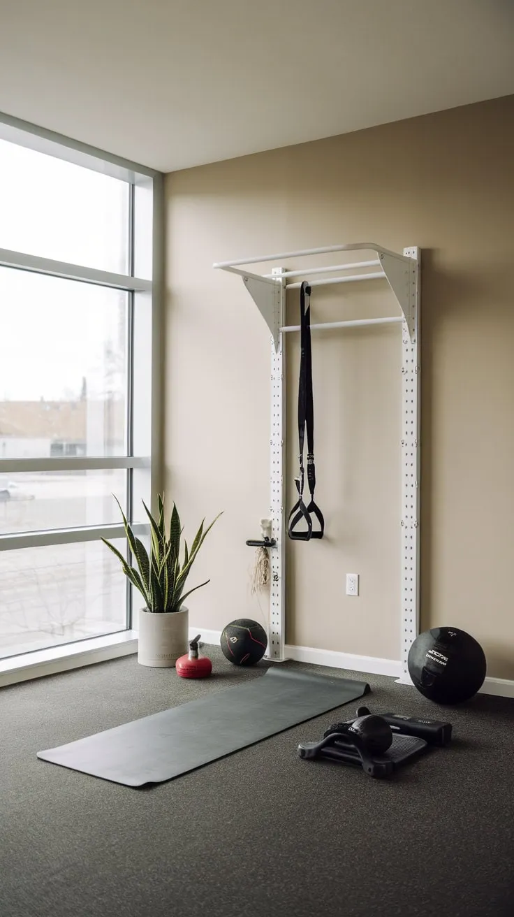 Maximize your space with a stylish and functional small home gym boasting a pull-up bar, yoga mat, and weights, all within a bright and airy living area.