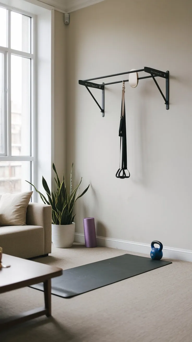 A bright, airy living room transforms into a functional yet stylish home gym featuring essential equipment and a calming aesthetic.