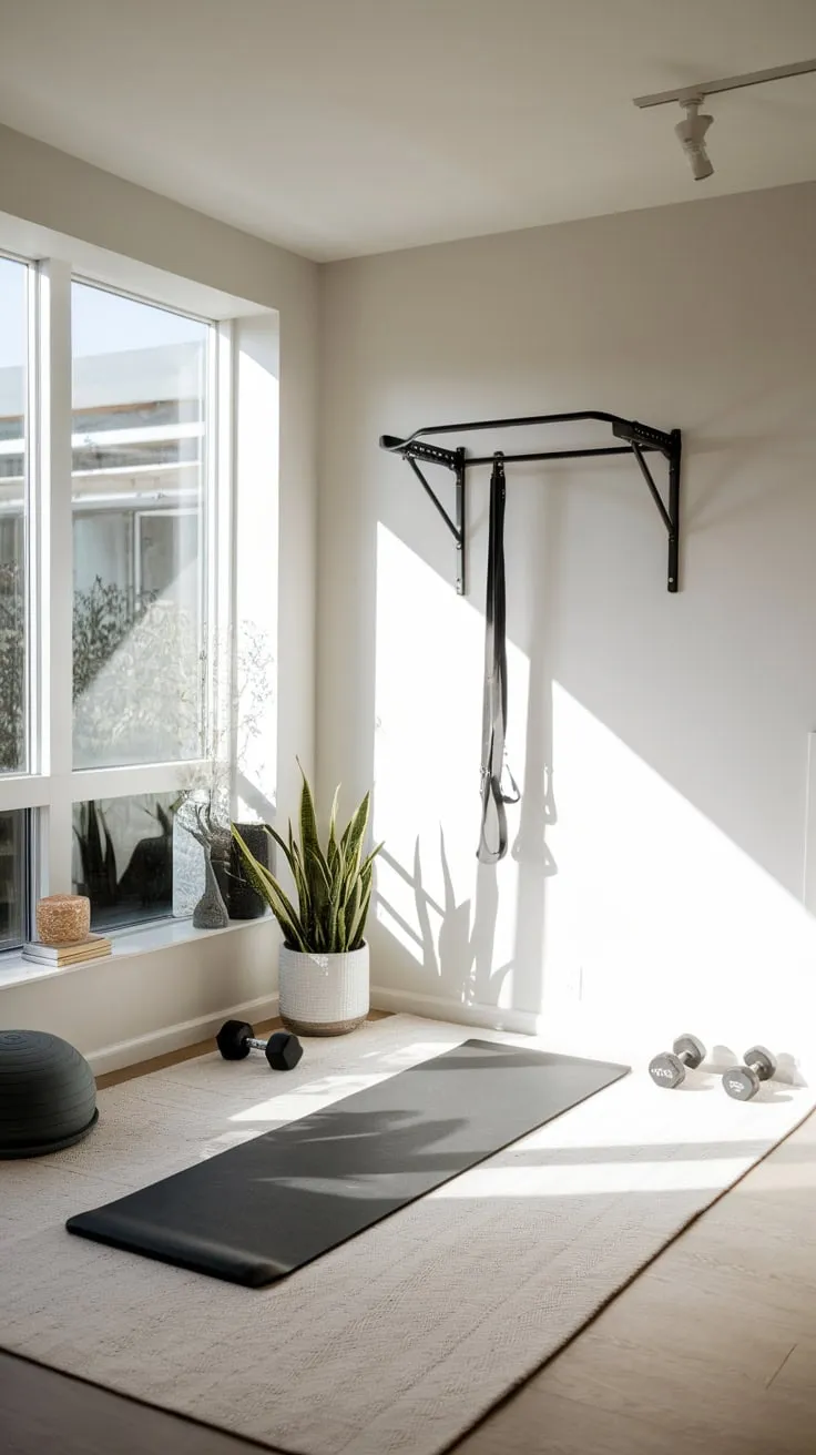Sunlight streams into a bright, minimalist living room showcasing a functional yet stylish home gym with minimal equipment.