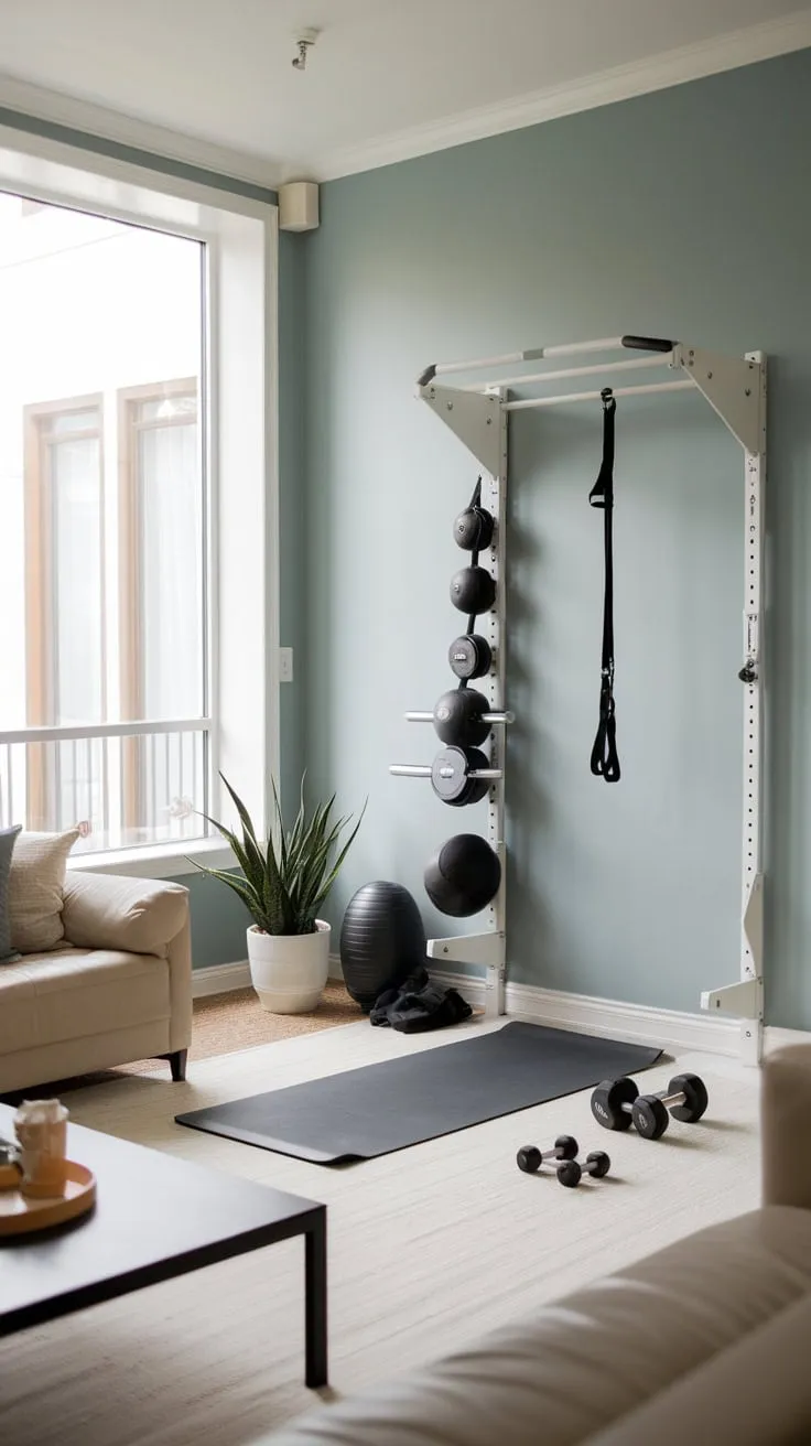 A minimalist white home gym seamlessly blends into a sunlit living room with a pull-up bar, yoga mat, and dumbbells