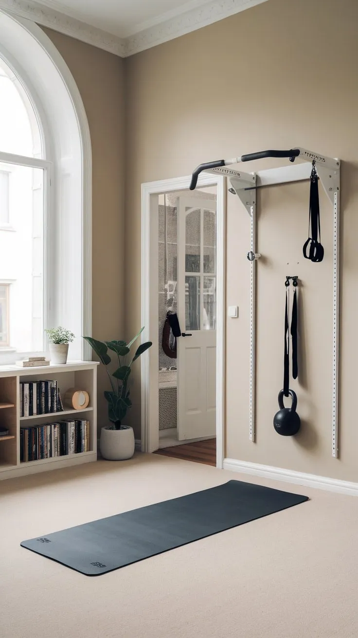 A minimalist white home gym seamlessly blends fitness equipment with living room style, maximizing space and natural light.