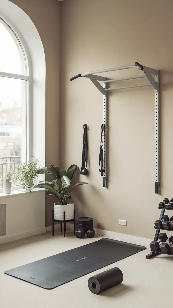 Maximize your space and minimize your clutter with a stylish white home gym featuring essential equipment in a sunlit living room.