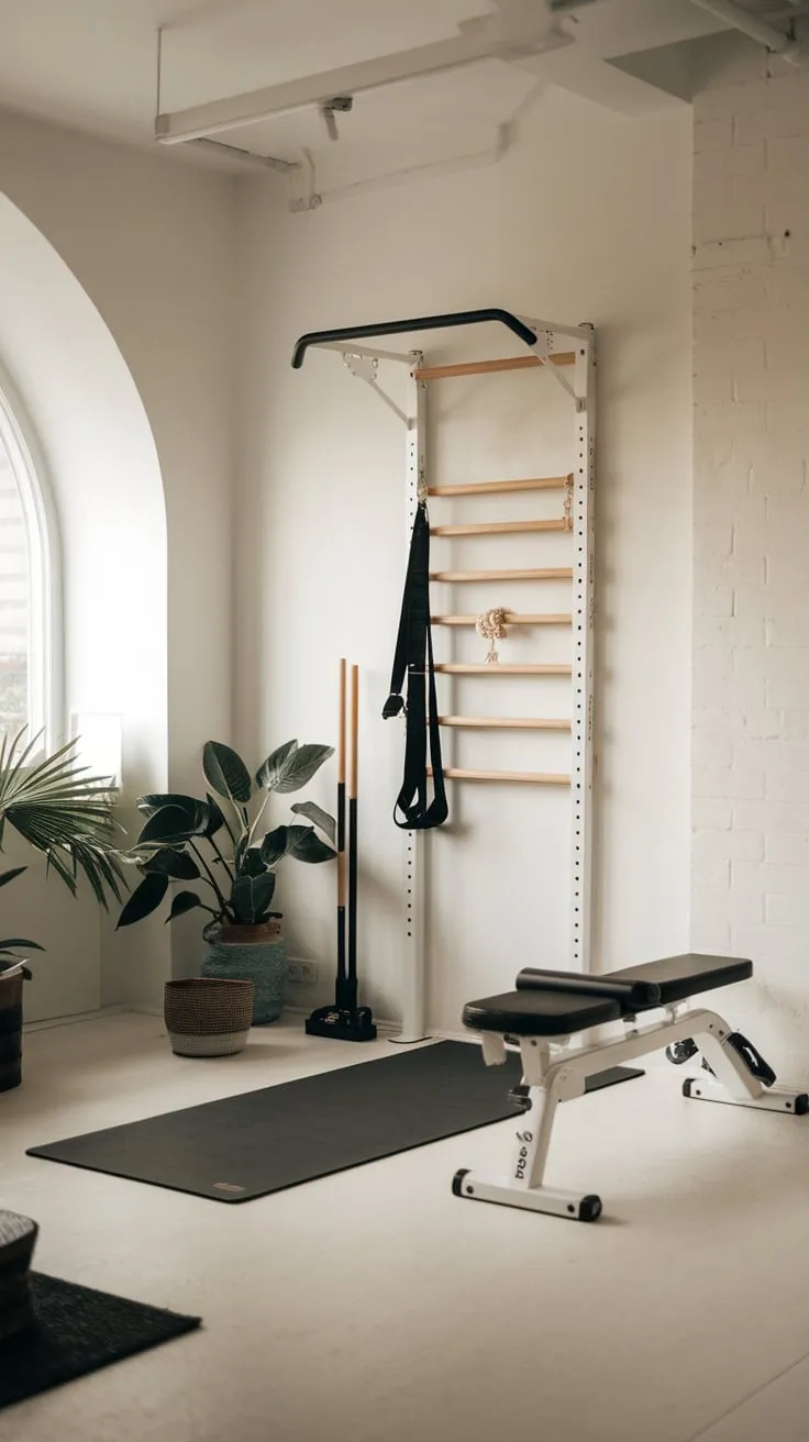 A minimalist white living room seamlessly integrates a functional small home gym featuring a pull-up bar, yoga mat, and weight bench