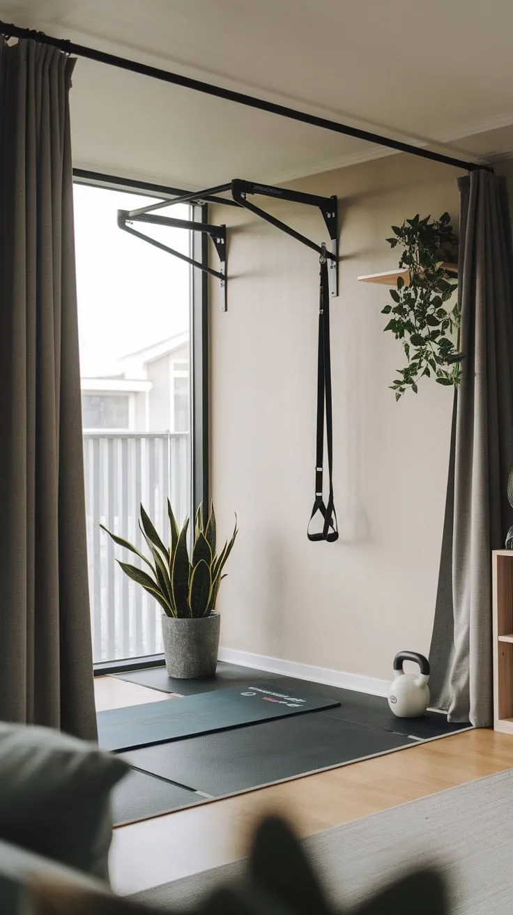 Sunlight streams into a living room where a simple yet functional home gym, discreetly hidden by a curtain, boasts a pull-up bar, kettlebell, and yoga mat.