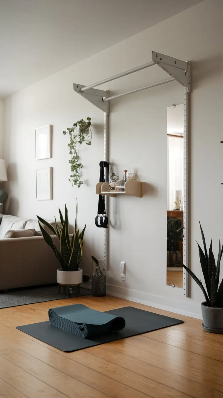 Transform your living room into a serene yet functional minimalist home gym with a few key pieces, maintaining a stylish and inviting atmosphere.