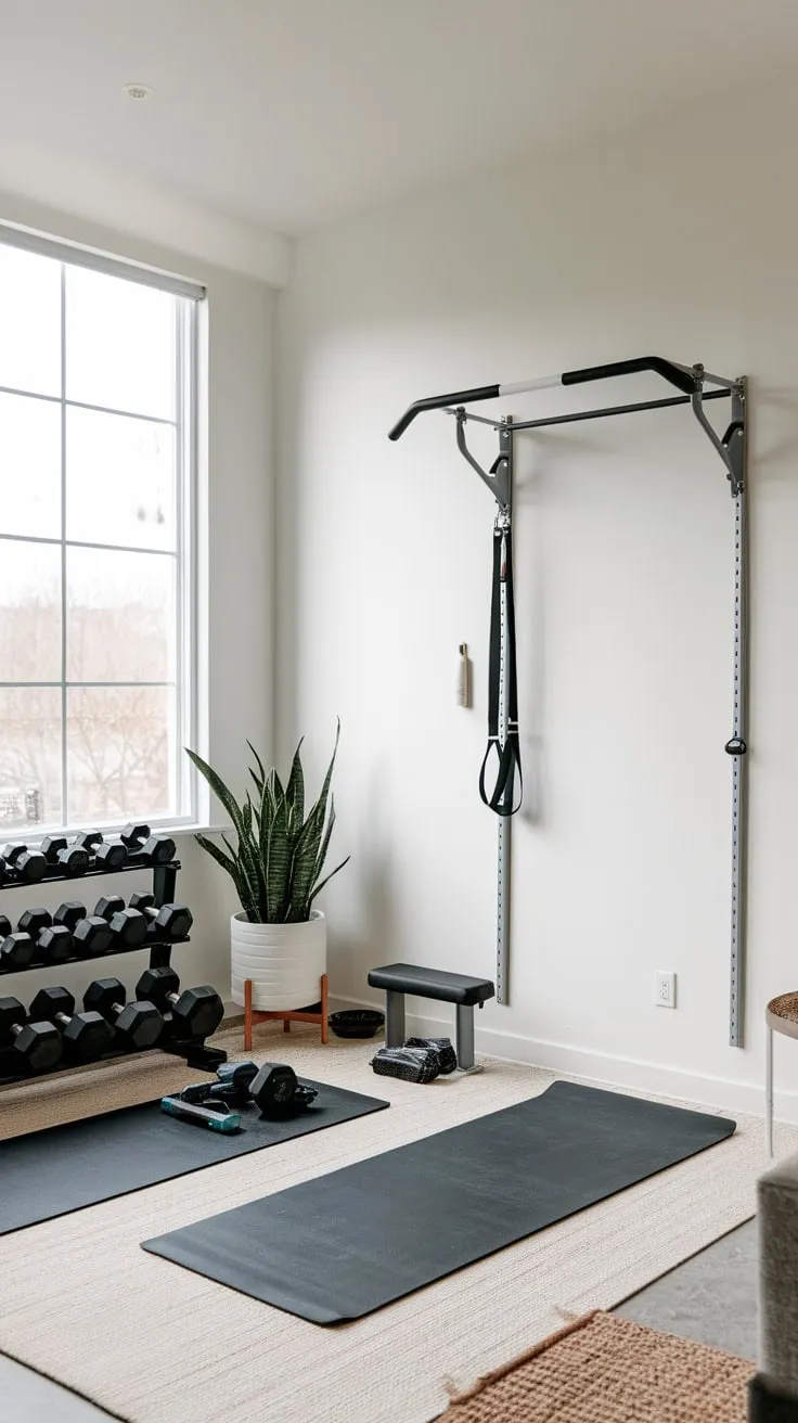 Sunlight streams into a stylish, small home gym boasting a clean white aesthetic and essential workout equipment.