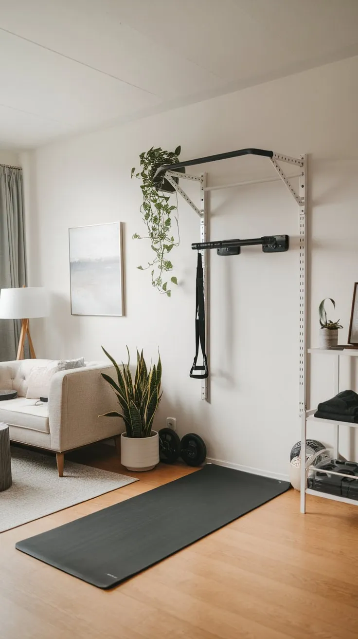 A serene white home gym blends seamlessly into your living room, bedroom, or office, maximizing space with a pull-up bar, yoga mat, and tasteful decor.