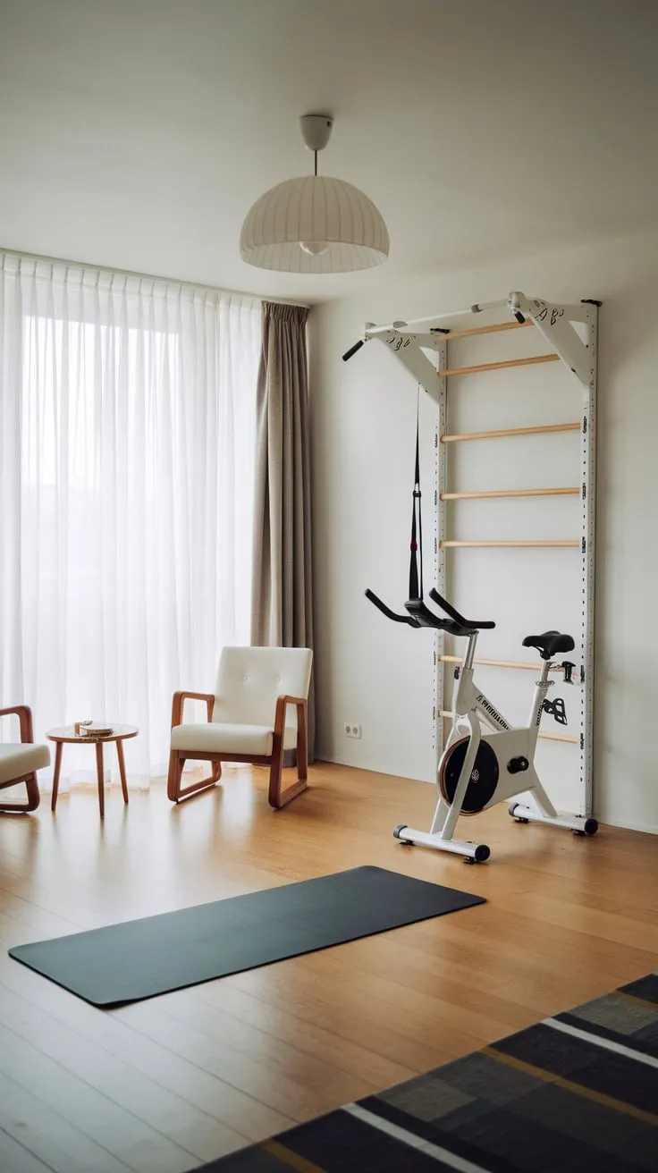 A stylish and efficient home gym blends seamlessly into a living room, featuring white accents and natural wood, maximizing space and minimizing clutter.