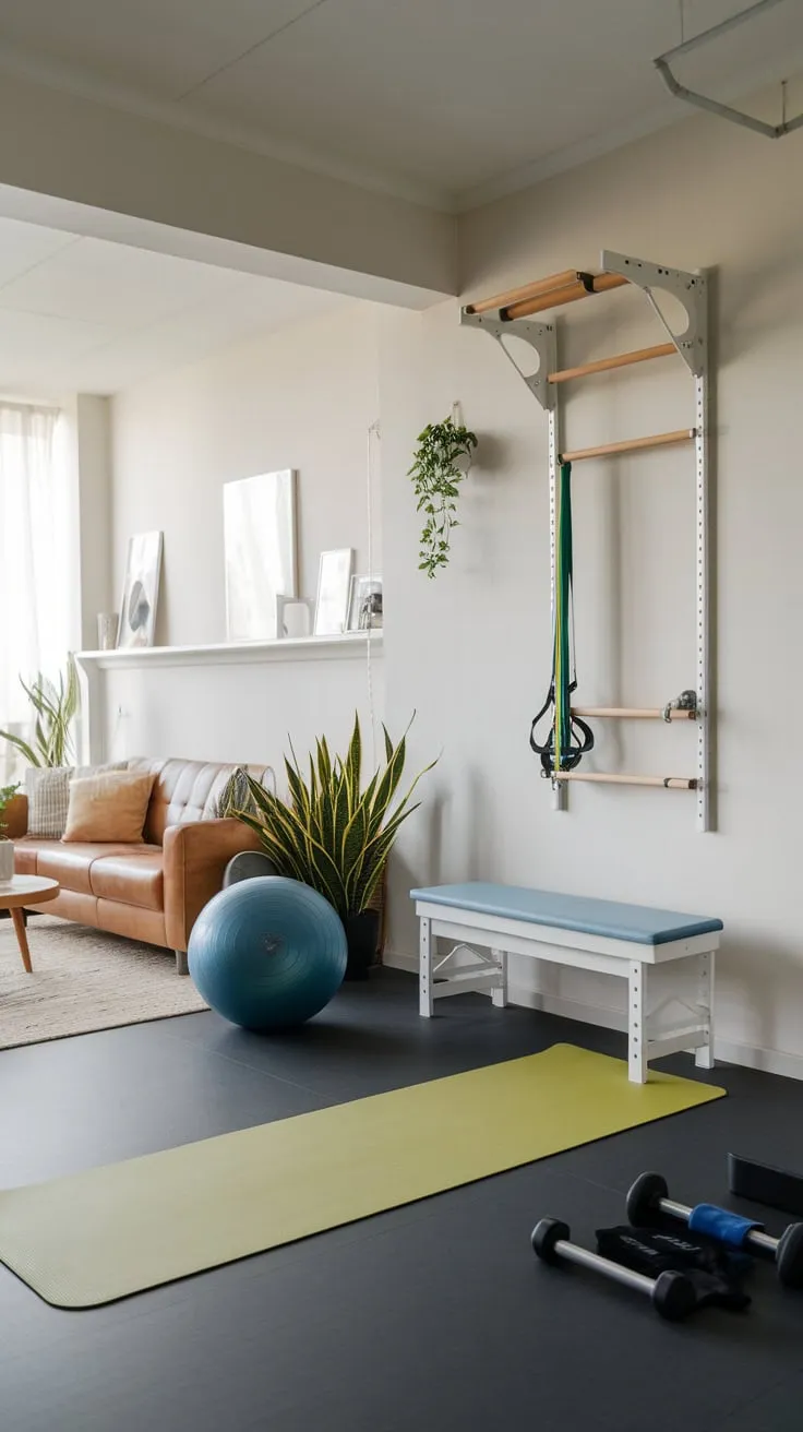 A bright living room seamlessly integrates a minimalist home gym featuring a white bench, resistance bands, and vibrant exercise essentials.