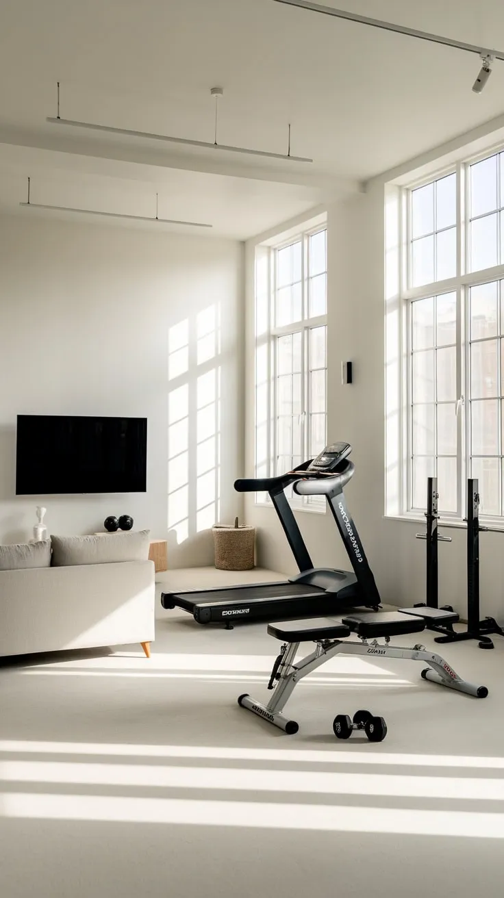 A bright minimalist living room seamlessly integrates a functional home gym featuring a treadmill, weight bench, and dumbbells, maximizing space and style.