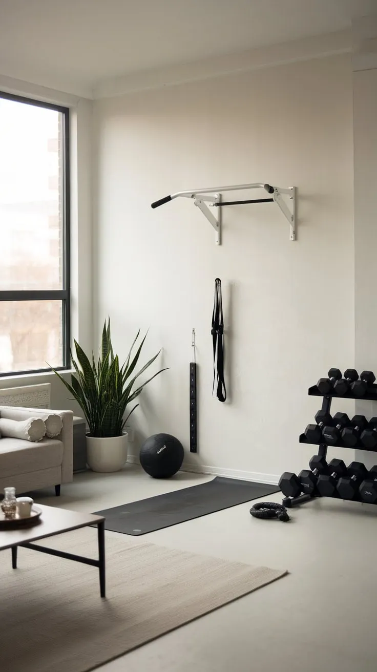 Sunlight streams into a stylish living space cleverly incorporating a small, minimalist home gym.