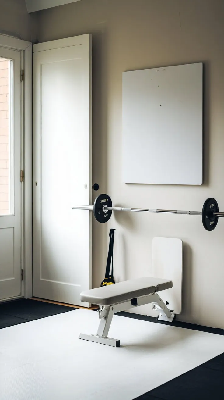 Soft lighting illuminates a small space efficiently designed for strength training, showcasing a white-on-white aesthetic.