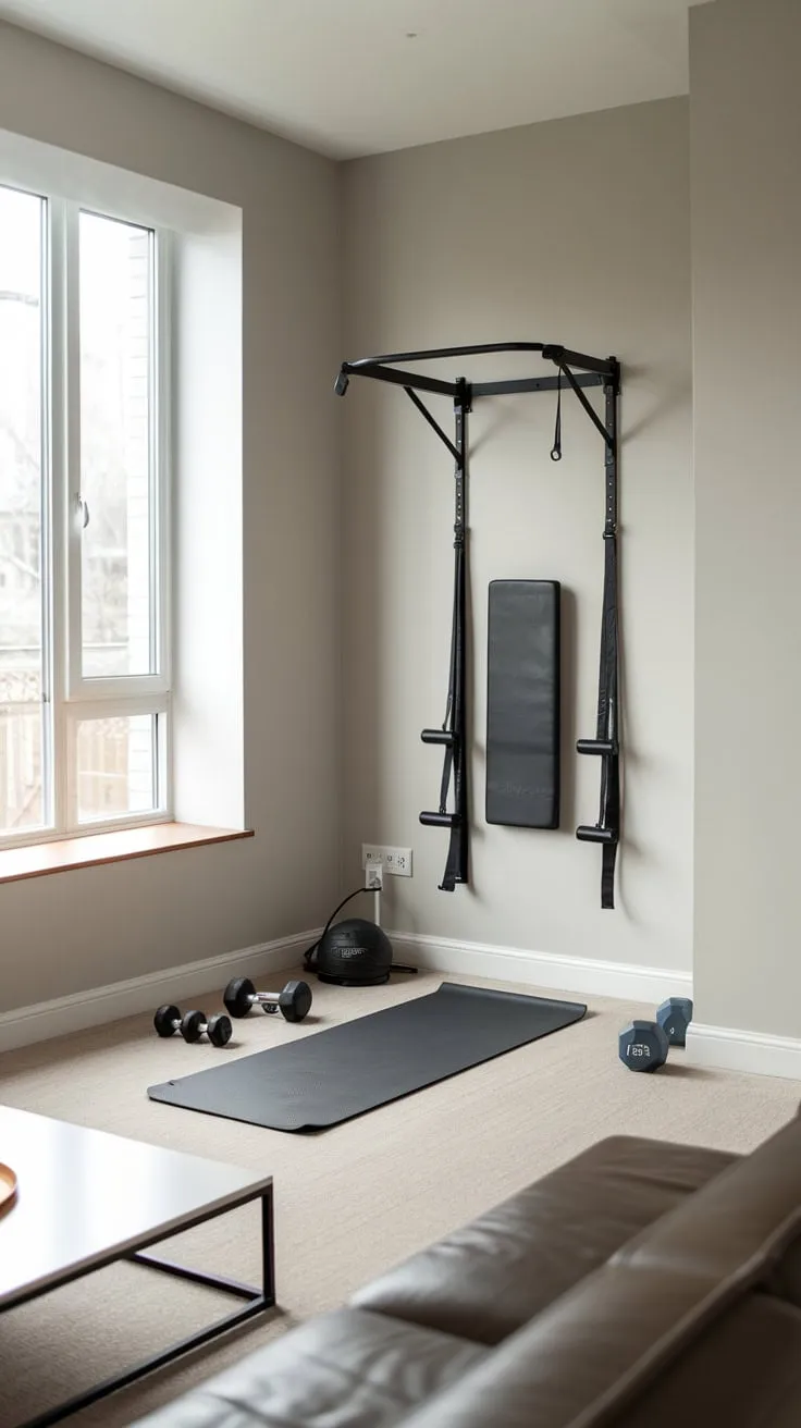 Maximize your space and fitness with a minimalist home gym seamlessly integrated into your living room.