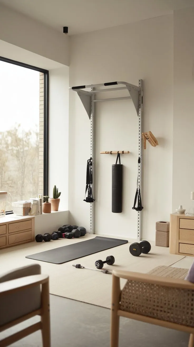 A minimalist white home gym, bathed in natural light, seamlessly blends functional fitness—pull-up bar, yoga mat, dumbbells—with light wood living room furniture.