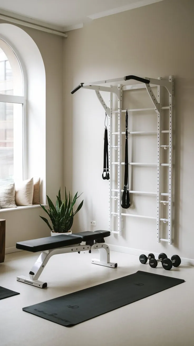 A bright, modern living room seamlessly integrates a functional home gym featuring essential equipment for a complete workout.