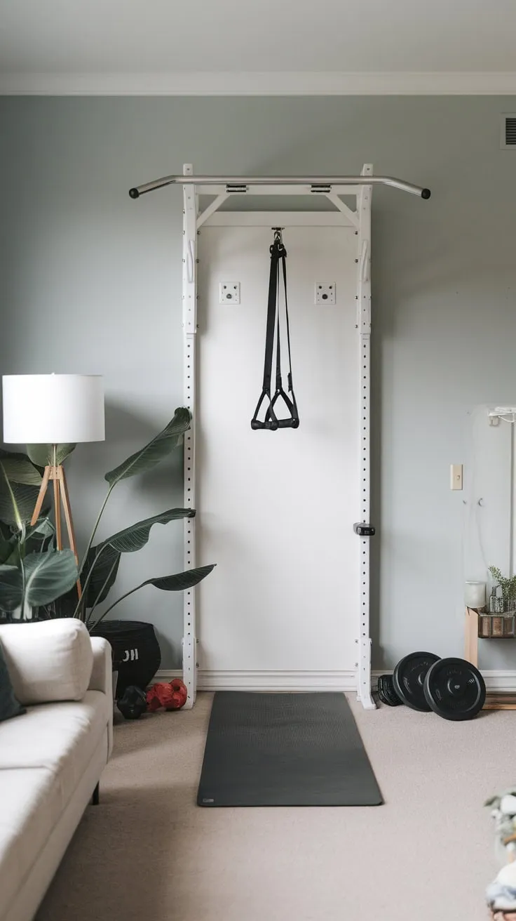 A minimalist white home gym seamlessly blends a pull-up bar, yoga mat, and weights into a living room's light blue and calming aesthetic