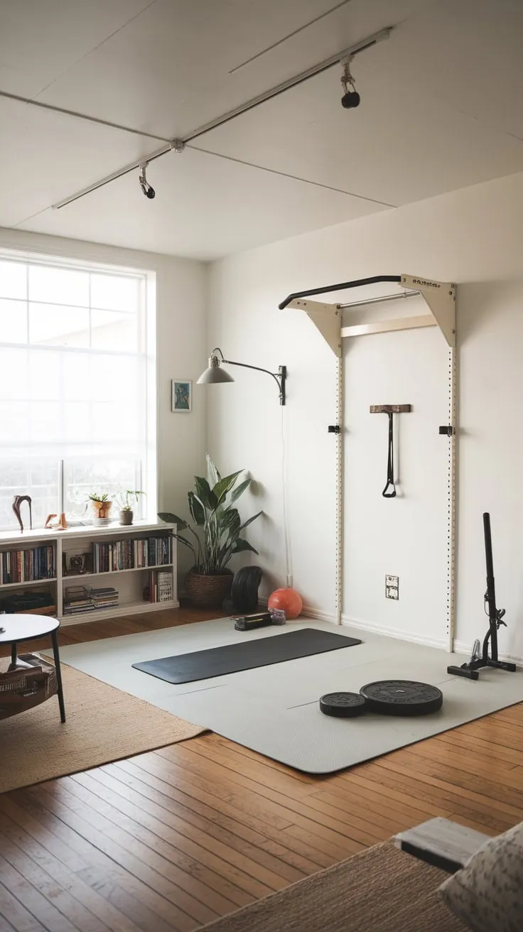 A bright, minimalist living room seamlessly integrates a small home gym featuring a pull-up bar, yoga mat, and weights, maximizing space and style.