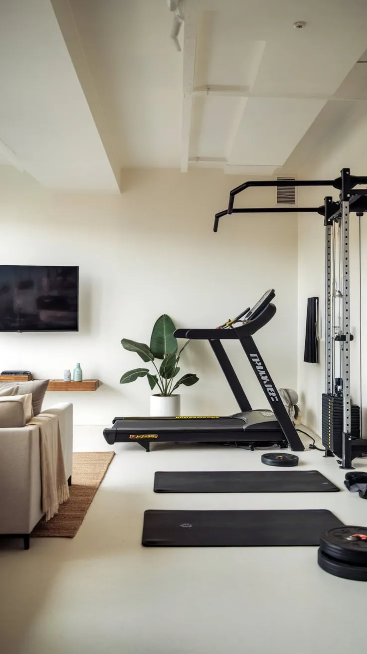 A sleek white home gym seamlessly blends fitness and living space with a treadmill, weights, and yoga mat, all within a minimalist design.