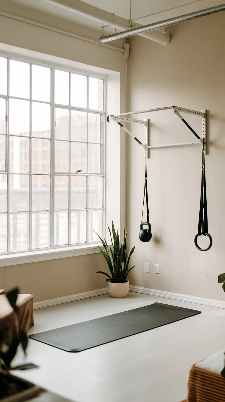 Transform any space into a sleek, minimalist home gym with strategically placed wall-mounted equipment and natural light.