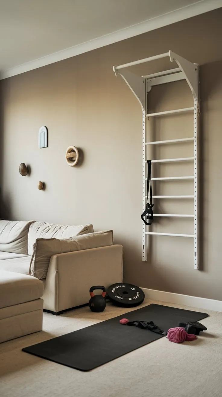 Transform your living room into a serene yet effective minimalist home gym with minimal equipment, maximizing space and workout potential