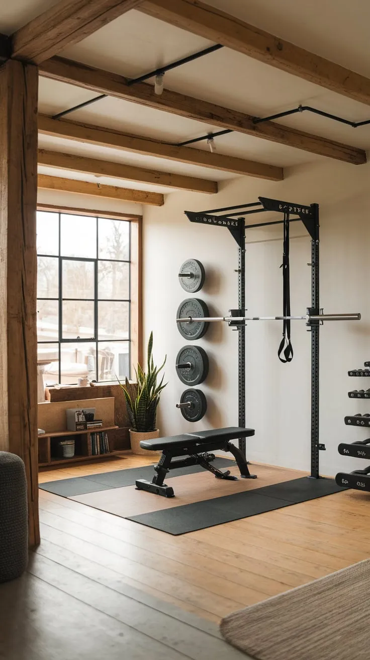 Maximize your space and style with a rustic minimalist home gym featuring essential equipment in a sunlit living room.