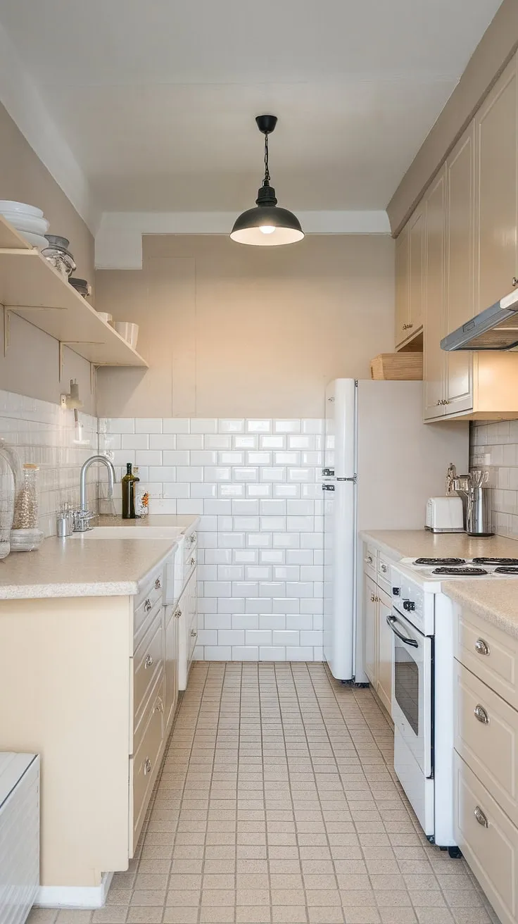 From a beige-toned galley kitchen to a bright, airy space! This small kitchen before and after showcases the transformative power of smart small kitchen design.  The addition of an island and a fresh coat of white completely changed the feel, proving that even slim kitchen ideas can create a stunning result. This small kitchen decor ideas project is a testament to how much you can achieve with clever l-shaped small kitchen ideas, even without wall cabinets.
