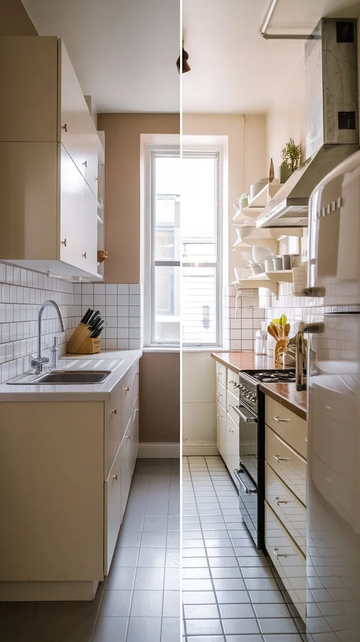 From cramped and cluttered to sleek and spacious! This small kitchen before and after showcases the transformative power of a minimalist approach.  Removing the wall cabinets opened up this neutral galley kitchen, creating a surprisingly airy feel.  This small kitchen design, perfect for slim kitchen ideas and even l-shaped small kitchen ideas, proves that less can truly be more.  Small kitchen decor ideas don't need to be complicated; sometimes, the best approach is a kitchen without wall cabinets.