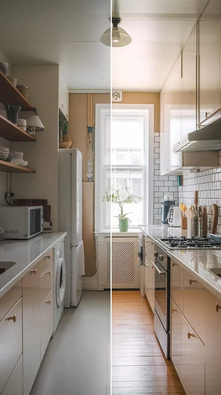 From cluttered chaos to calm and contemporary: This small kitchen before and after showcases the transformative power of smart small kitchen design.  Removing the wall cabinets opened up this neutral galley kitchen, creating a surprisingly spacious and stylish slim kitchen design.  Perfect small kitchen decor ideas for maximizing function and minimizing fuss in an L-shaped small kitchen.