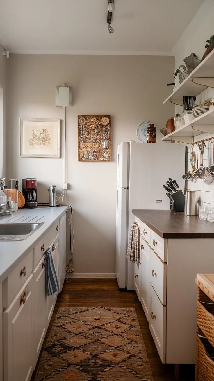 This small kitchen before and after reveals the transformative power of thoughtful small kitchen design.  A once-basic neutral galley kitchen is now a haven of warmth and efficiency, thanks to clever storage solutions and inviting small kitchen decor ideas.  See how we maximized space and style with slim kitchen ideas, creating an L-shaped small kitchen that's both functional and aesthetically pleasing.  Get inspired by this stunning kitchen without wall cabinets.
