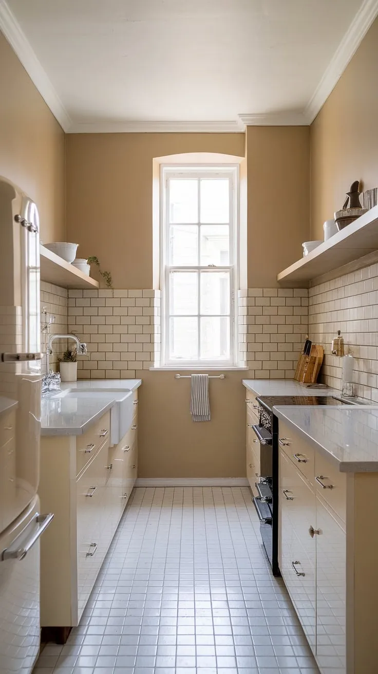 This small kitchen before and after is a testament to the beauty of simplicity.  We transformed this cramped space into a bright and airy neutral galley kitchen using clever small kitchen design techniques.  The kitchen without wall cabinets creates an open feel, while the white quartz countertops and white tile flooring enhance the sense of spaciousness.  These slim kitchen ideas, perfect for an l-shaped small kitchen, are a masterclass in maximizing space and style.  Discover more small kitchen decor ideas for your own transformation.