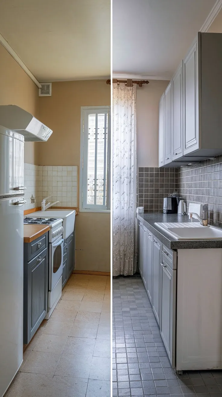 This small kitchen before and after is proof that even the smallest spaces can be stunning.  Our small kitchen design focused on a cohesive grey palette, transforming this neutral galley kitchen into a modern dream.  With smart slim kitchen ideas and an L-shaped small kitchen layout, we created a space that's both practical and visually appealing.  The absence of upper cabinets adds to the airy feel, showcasing the impact of thoughtful small kitchen decor ideas.