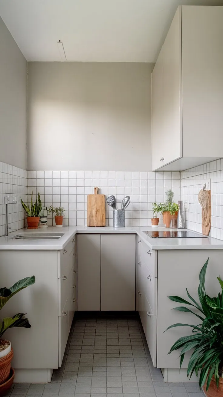 From cramped and cluttered to calm and collected: this small kitchen design proves that a small kitchen without wall cabinets can be both beautiful and practical.  This neutral galley kitchen showcases smart small kitchen decor ideas within an L-shaped layout, maximizing every inch.  The slim kitchen ideas are evident in the minimalist approach, resulting in a bright and airy space.  See the incredible small kitchen before and after transformation!