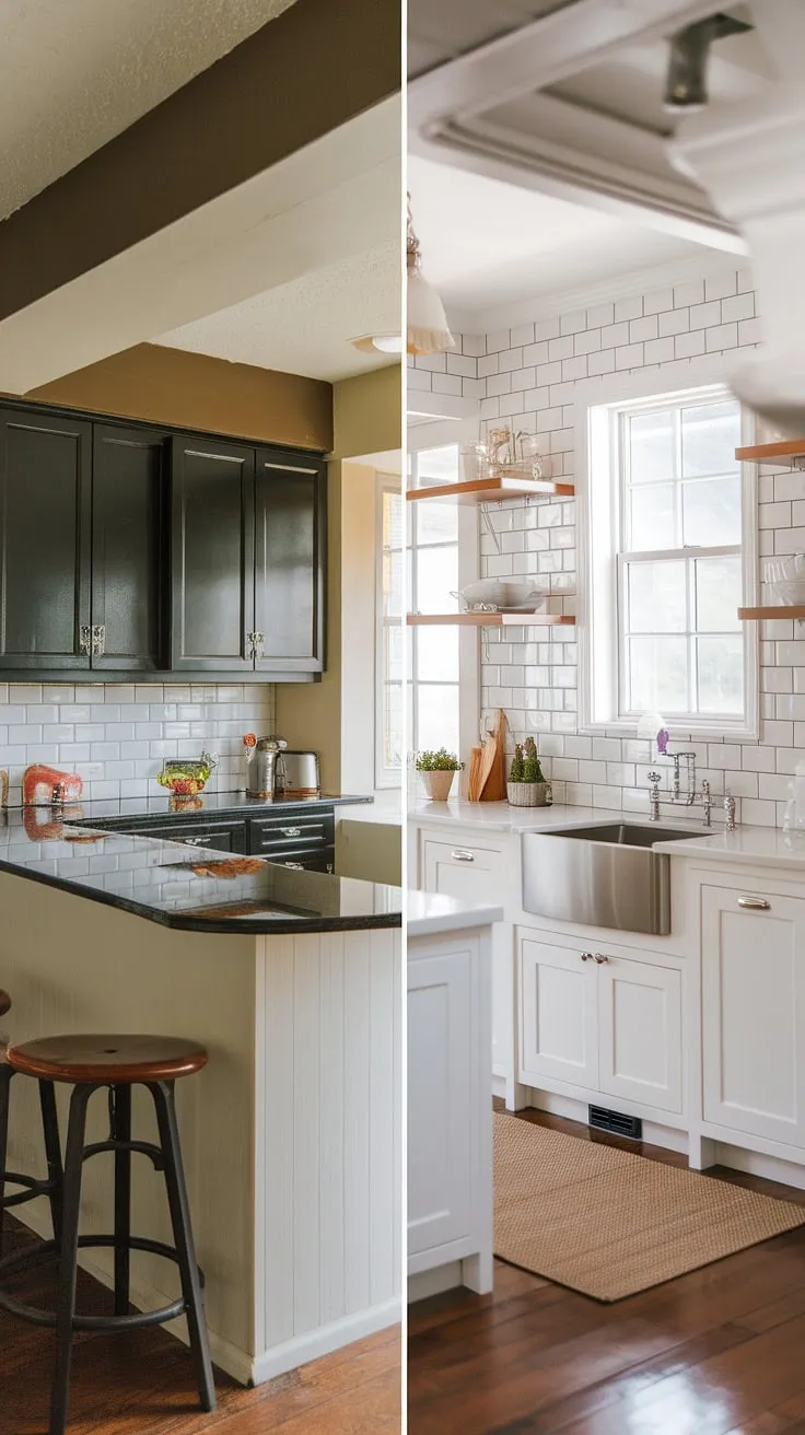 From cramped and dark to bright and airy! This small kitchen before and after showcases the transformative power of smart design.  Our small kitchen design maximized space and light, creating a stunning neutral galley kitchen with a peninsula for extra seating.  These small kitchen decor ideas, including the kitchen without wall cabinets and sleek quartz countertops, prove that even slim kitchen ideas can be both stylish and functional. This l-shaped small kitchen ideas project is a testament to how a small kitchen redesign can completely elevate your home.